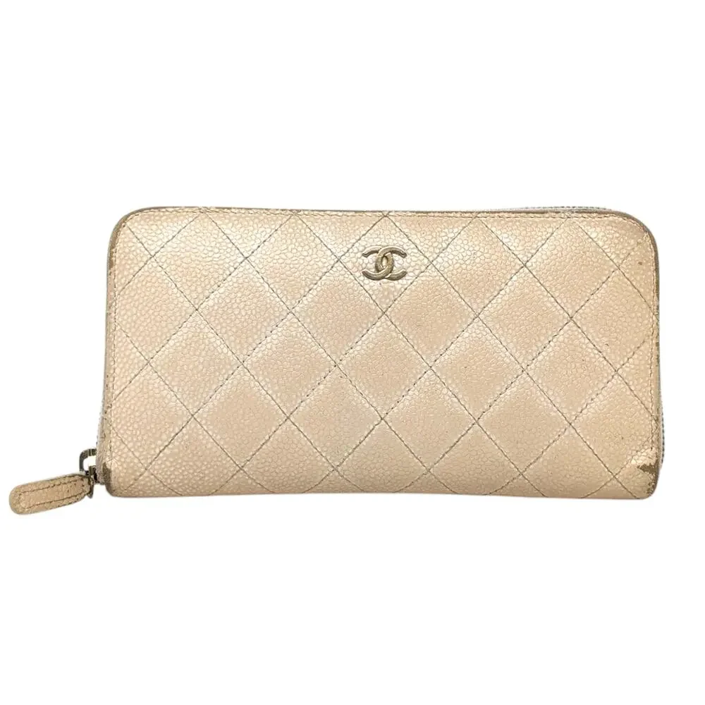 Chanel Beige Caviar Leather Zip Around‎ Wallet CC Quilted Logo Series 15